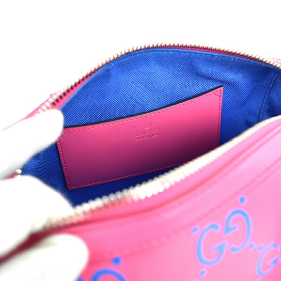 Gucci GG Embossed Duffel Bag Leather Crossbody Fuchsia Pink Blue - Picture 16 of 16